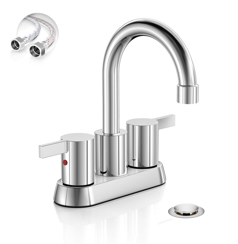 Phiestina 4 Inch Centerset 2 or 3 Holes 2 Handle Chrome Lead-Free Bathroom Faucet, Swivel Spout with Copper Pop Up Drain and 2 Water Supply Lines, BF015-1-C - Image 1